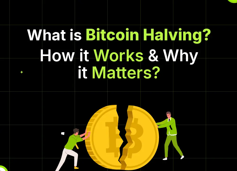 Bitunix Two illustrated people pull apart a large, cracked Bitcoin coin under the text: What is Bitcoin Halving? How it Works & Why it Matters? on a black grid background with small Bitcoin halving icons.