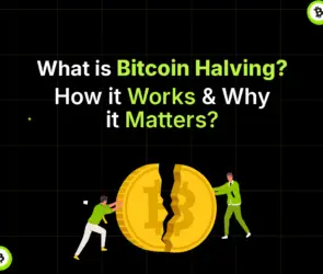 Bitunix Two illustrated people pull apart a large, cracked Bitcoin coin under the text: What is Bitcoin Halving? How it Works & Why it Matters? on a black grid background with small Bitcoin halving icons.