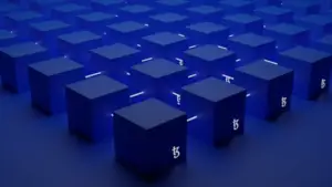 Bitunix A grid of dark blue cubes with glowing white lines evokes a blockchain network. Several cubes display a white symbol resembling a stylized letter T intertwined with a Z, enhancing the scene's futuristic, digital feel.