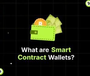 Bitunix A green wallet with bitcoins and cash sits on a black grid background. Text below reads: What are smart contract wallets? in bold white and green letters.