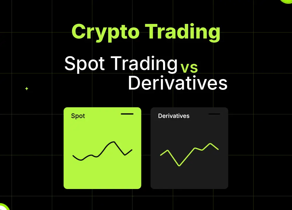 Bitunix A graphic titled Crypto Trading: Spot Trading vs Derivatives showcases two charts labeled Spot and Derivatives on a black grid background with green highlights and small Bitcoin icons, capturing the essentials of crypto trading.
