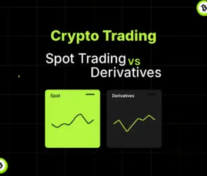 Bitunix A graphic titled Crypto Trading: Spot Trading vs Derivatives showcases two charts labeled Spot and Derivatives on a black grid background with green highlights and small Bitcoin icons, capturing the essentials of crypto trading.