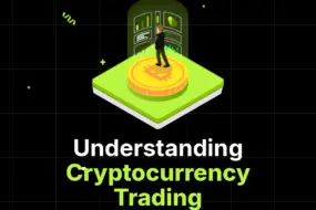 Bitunix A person stands on a large Bitcoin coin platform in front of digital screens, surrounded by a black grid background with green accents. Text reads Understanding Crypto Trading.