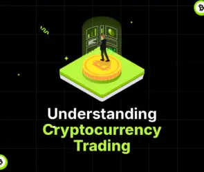 Bitunix A person stands on a large Bitcoin coin platform in front of digital screens, surrounded by a black grid background with green accents. Text reads Understanding Crypto Trading.