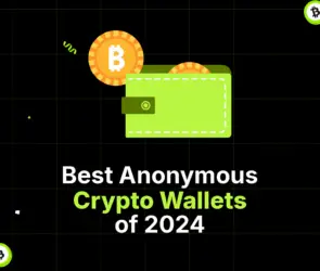 Bitunix A green digital wallet with two Bitcoin coins sits on a black grid background. Text below reads Best Anonymous Crypto Wallets of 2024 in white and green letters, highlighting top choices for secure and anonymous crypto wallets.