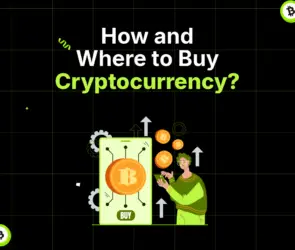Bitunix Illustration with the text How and Where to Buy Cryptocurrency? showing a person next to a smartphone displaying a Bitcoin symbol and the word BUY, set on a black grid background with green accents—perfect for anyone ready to buy crypto.