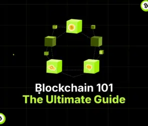 Bitunix A graphic with green cubes connected in a circle, each displaying blockchain-related icons, over a black grid background. Text reads: Blockchain 101 The Ultimate Blockchain Guide in bold white and green font.