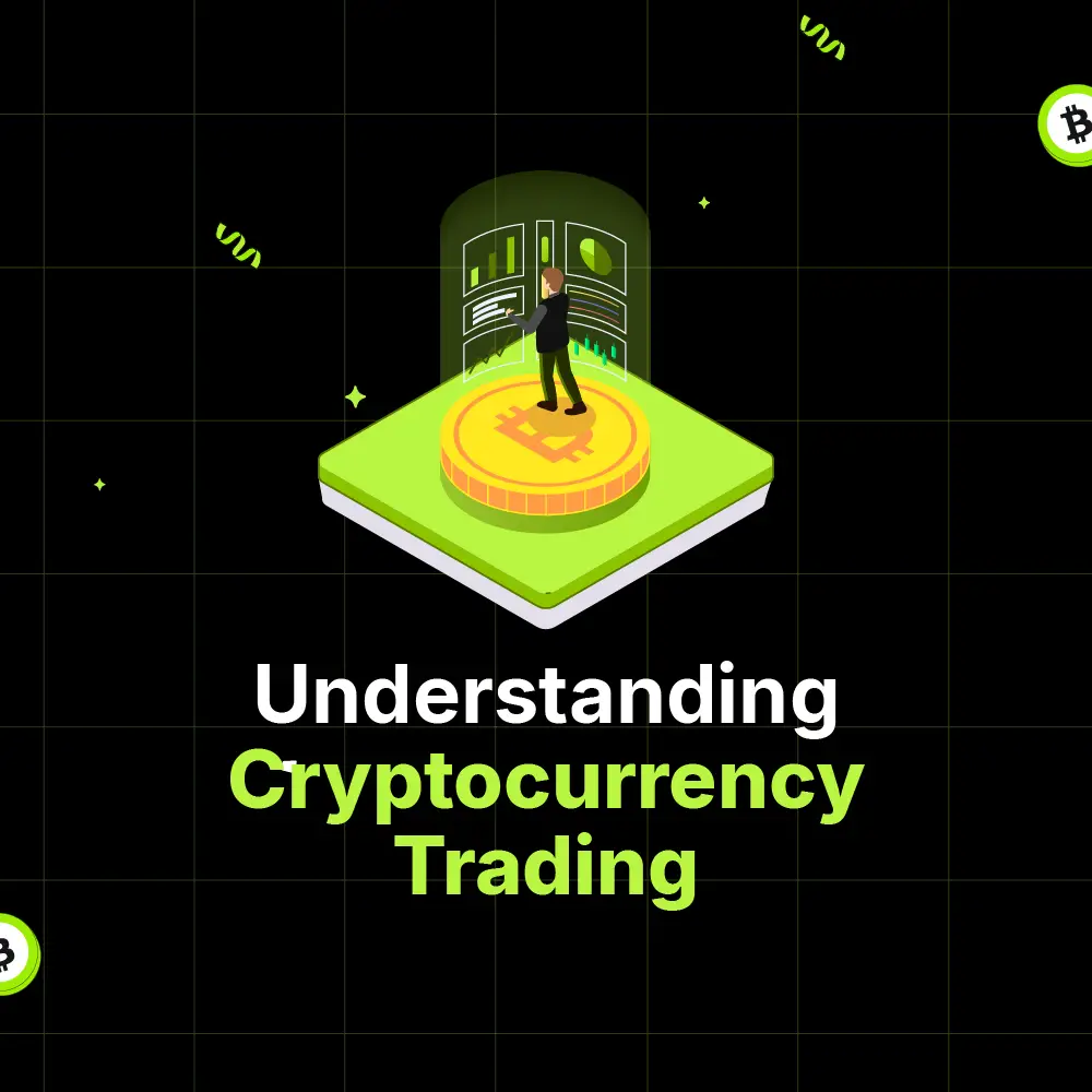 Bitunix A person stands on a large Bitcoin coin platform in front of digital screens, surrounded by a black grid background with green accents. Text reads Understanding Crypto Trading.