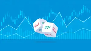 Bitunix Two dice displaying the words BUY and SELL float in front of a blue background with financial charts and graphs, symbolizing decisions in stock trading, investing, or when you buy crypto. | Bitunix buy crypto