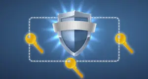 Bitunix A metallic shield with a blank banner glows at the center, surrounded by a dashed rectangular line linking three yellow keys—symbolizing security, data protection, and the safeguarding of crypto wallets on a blue background.