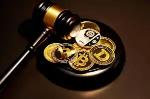 Bitunix A judge’s gavel rests beside a pile of assorted cryptocurrency coins, including Bitcoin and Dogecoin, symbolizing legal issues, regulation, and debates such as Proof of Work vs Proof of Stake in the digital currency market.