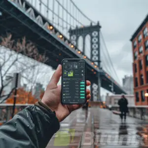 Bitunix A person holds a smartphone displaying a cryptocurrency trading app, with the Bitunix logo and a chart comparing Proof of Work vs Proof of Stake visible, while standing on a city walkway beneath a large bridge on a cloudy day.