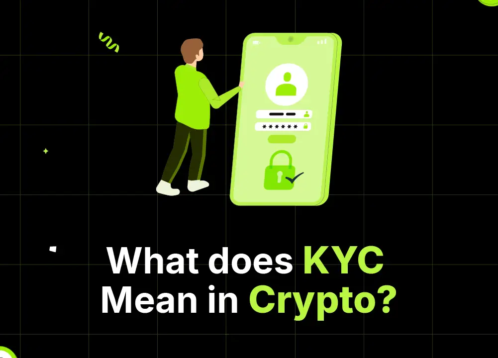 Bitunix A person stands next to a large smartphone displaying a KYC login screen, with the text What does KYC Mean in Crypto? in white and green letters on a black grid background with Bitcoin symbols.