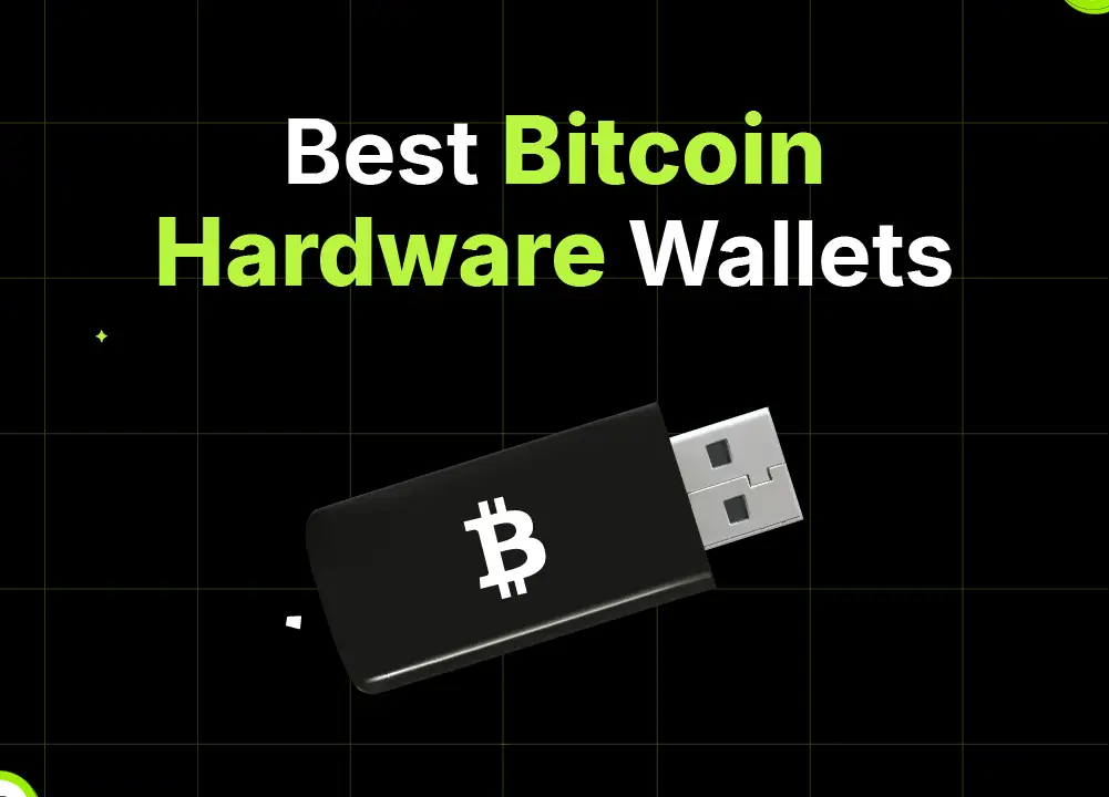 Bitunix A black USB stick with a Bitcoin symbol appears below the text Best Bitcoin Hardware Wallets on a dark grid background, featuring small green Bitcoin icons—perfect for highlighting the security of hardware wallets.