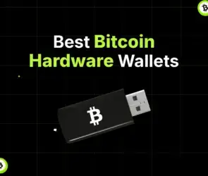 Bitunix A black USB stick with a Bitcoin symbol appears below the text Best Bitcoin Hardware Wallets on a dark grid background, featuring small green Bitcoin icons—perfect for highlighting the security of hardware wallets.