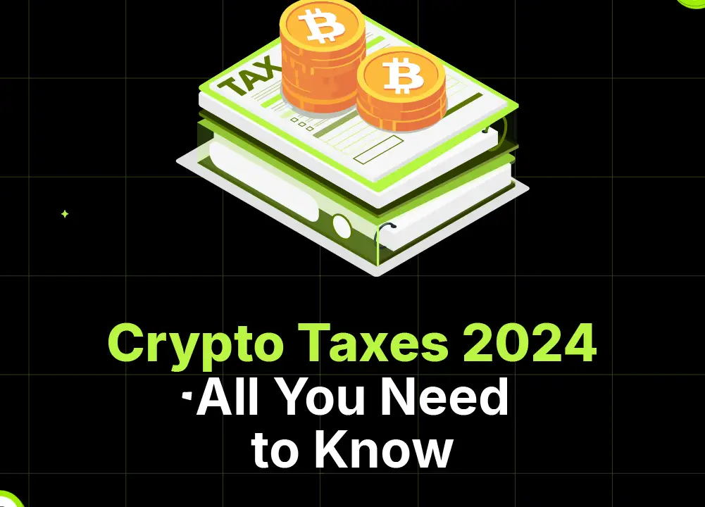Bitunix Illustration of two Bitcoin coins on a stack of tax documents, featuring the text Crypto Taxes 2024 - All You Need to Know on a black grid background. Perfect for anyone navigating crypto taxes this year.