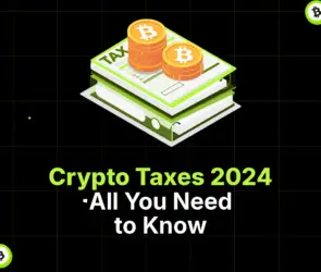 Bitunix Illustration of two Bitcoin coins on a stack of tax documents, featuring the text Crypto Taxes 2024 - All You Need to Know on a black grid background. Perfect for anyone navigating crypto taxes this year.