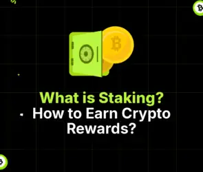 Bitunix A graphic with a green wallet holding a Bitcoin coin and the text What is Staking? Learn How to Earn Crypto Rewards on a black grid background with small Bitcoin icons in the corners.