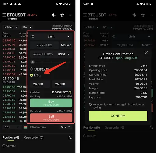 Bitunix Two screenshots of a cryptocurrency trading app. The left shows order entry options for BTCUSDT, including price, amount, buy/sell, plus Take Profit and Stop Loss settings. The right displays an order confirmation dialog with details and a green CONFIRM button.