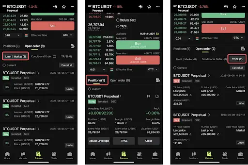 Bitunix Three screenshots of a cryptocurrency trading app showing BTCUSDT data. Screens display options to buy, sell, set order types (limit, market), view positions, and manage Take Profit and Stop Loss settings.