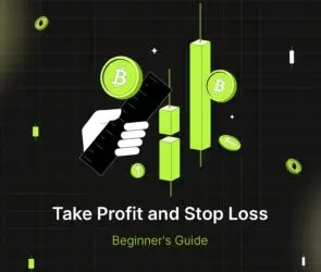 Bitunix Illustration of a hand holding a ruler beside green candlestick charts and Bitcoin coins on a dark grid background. Text reads Profit and Stop Loss - Beginners Guide.