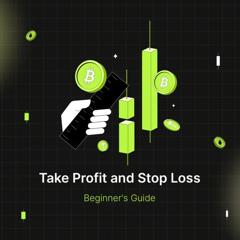 Bitunix Illustration of a hand holding a ruler beside green candlestick charts and Bitcoin coins on a dark grid background. Text reads Profit and Stop Loss - Beginners Guide.