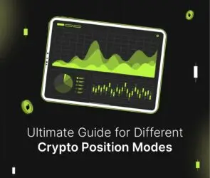 Bitunix A digital tablet displays green financial charts and graphs on a dark background, surrounded by crypto-themed icons. Text below reads, Ultimate Guide for Different Crypto Position Modes.