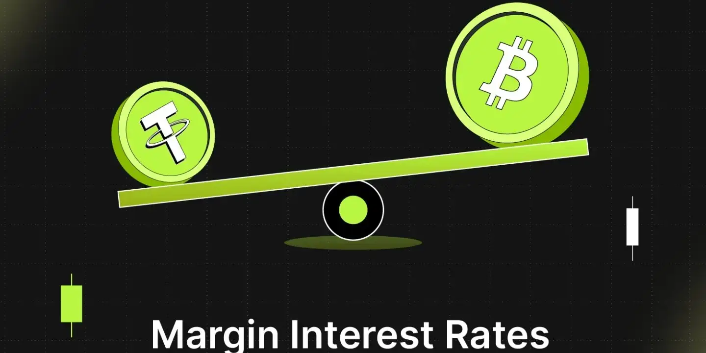 Bitunix A seesaw with a Tether (USDT) symbol on the left and a Bitcoin symbol on the right visually represents Margin Interest Rates. Text below reads: Margin Interest Rates - Finally Explained.