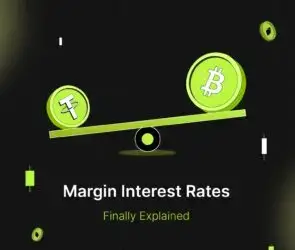 Bitunix A seesaw with a Tether (USDT) symbol on the left and a Bitcoin symbol on the right visually represents Margin Interest Rates. Text below reads: Margin Interest Rates - Finally Explained.