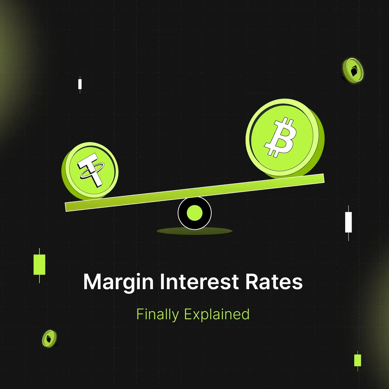 Bitunix A seesaw with a Tether (USDT) symbol on the left and a Bitcoin symbol on the right visually represents Margin Interest Rates. Text below reads: Margin Interest Rates - Finally Explained.
