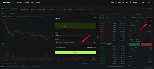 Bitunix A cryptocurrency trading platform interface showing a transfer window for USDT, a price chart on the left, and order book details on the right. Red arrows highlight the menu and transfer button, with Take Profit and Stop Loss options clearly available.
