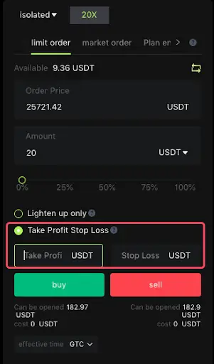 Bitunix A cryptocurrency trading interface displays a limit order setup with fields for order price, amount, and integrated Take Profit and Stop Loss options in USDT, plus green “buy” and red “sell” buttons for streamlined trading decisions.