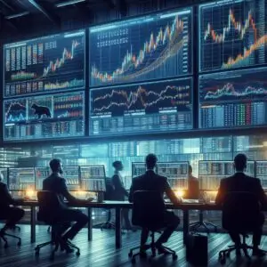 Bitunix Traders sit at desks with multiple monitors displaying financial charts, stock prices, and derivatives trading data, while large screens on the wall show fluctuating market graphs in a busy, modern trading room.