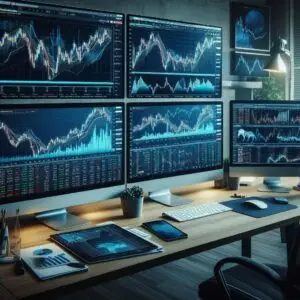 Bitunix A modern desk setup with multiple large monitors displaying stock charts, graphs, trading data, and derivatives trading activity. The desk also has a keyboard, mouse, smartphone, tablet, lamp, coffee cup, and some printed charts.