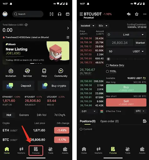 Bitunix Screenshot of a cryptocurrency trading app. The first screen shows the home page with account info and a highlighted Futures tab. The second screen displays a BTCUSDT futures trading interface with market data, buy/sell options, and Take Profit and Stop Loss features.