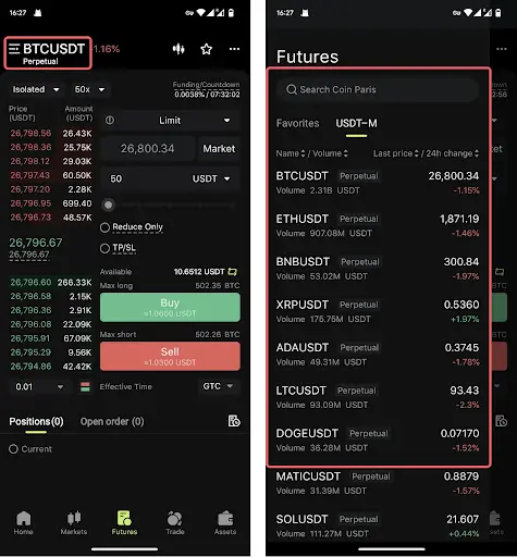 Bitunix Two screenshots of a cryptocurrency trading app: the left shows a BTCUSDT futures trading screen with price, order, Take Profit and Stop Loss options; the right lists various USDT-margined futures pairs with prices and daily percentage changes.