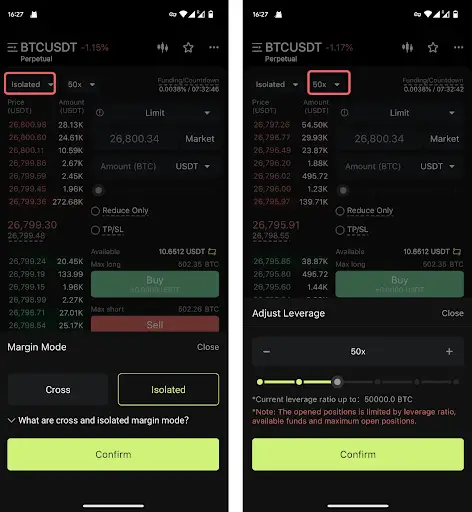 Bitunix Two screenshots of a cryptocurrency trading app interface show BTCUSDT perpetual contracts. The left highlights “Isolated” margin mode, and the right shows the “50x” leverage with Take Profit and Stop Loss options visible on both screens.