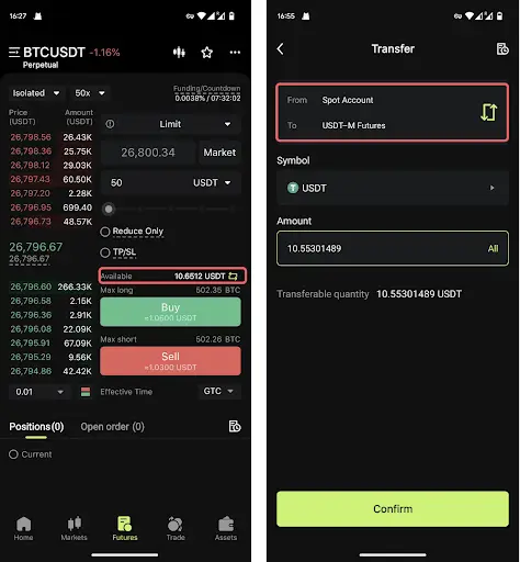 Bitunix Split screen of a crypto trading app: left displays a BTC/USDT perpetual futures interface with Take Profit and Stop Loss options, right shows a transfer page to move 10.55 USDT from spot to USDT-M futures account.