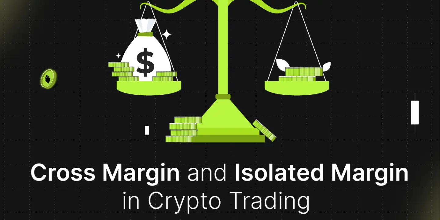 Bitunix A green balance scale with a money bag and coins on one side and coins with leaves on the other, visually comparing cross margin and isolated margin in crypto trading, with the question "What's the Difference?" displayed below.