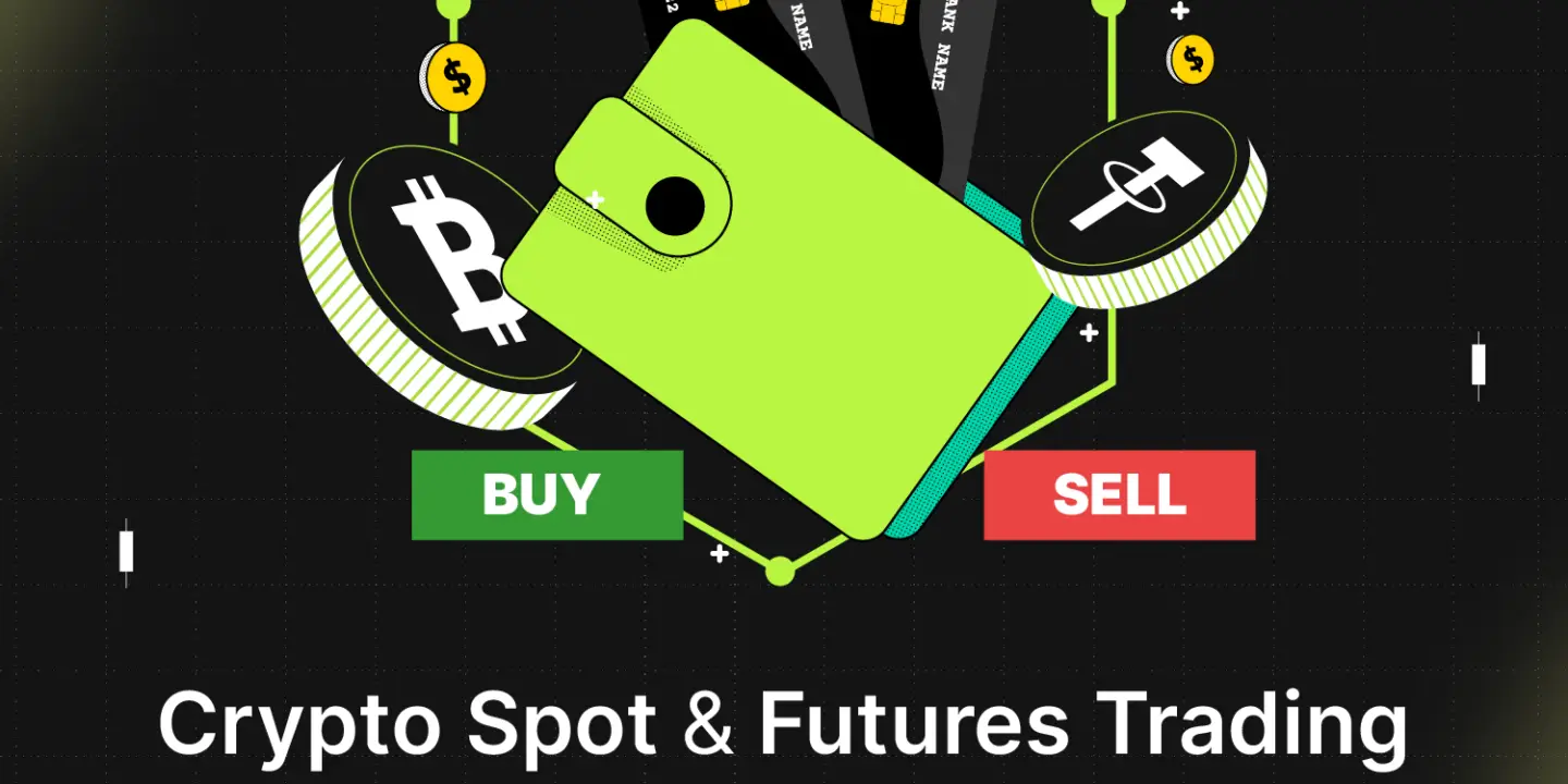 Bitunix Illustration of a green wallet with credit cards, Bitcoin and Tether coins, plus buy/sell buttons, highlighting Spot & Futures Trading. Text below reads Crypto Spot & Futures Trading – Key Differences.