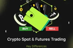 Bitunix Illustration of a green wallet with credit cards, Bitcoin and Tether coins, plus buy/sell buttons, highlighting Spot & Futures Trading. Text below reads Crypto Spot & Futures Trading – Key Differences.