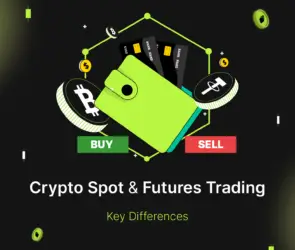 Bitunix Illustration of a green wallet with credit cards, Bitcoin and Tether coins, plus buy/sell buttons, highlighting Spot & Futures Trading. Text below reads Crypto Spot & Futures Trading – Key Differences.