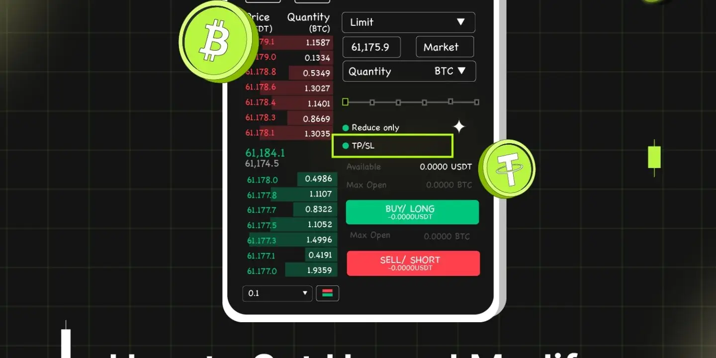 Bitunix A smartphone screen displays a cryptocurrency trading interface for BTC/USDT, showing price charts and order options. Floating Bitcoin and Tether icons surround the phone. The text below reads, “How to Set Up and Modify Take Profit and Stop Loss on Bitunix?”.
