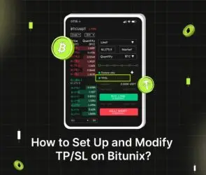 Bitunix A smartphone screen displays a cryptocurrency trading interface for BTC/USDT, showing price charts and order options. Floating Bitcoin and Tether icons surround the phone. The text below reads, “How to Set Up and Modify Take Profit and Stop Loss on Bitunix?”.