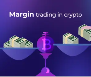 Bitunix Illustration of a balance scale with stacks of cash on both sides, a hand adding money to one side, and a Bitcoin symbol in the center. Text reads: Margin trading in crypto: cross margin vs. isolated margin.