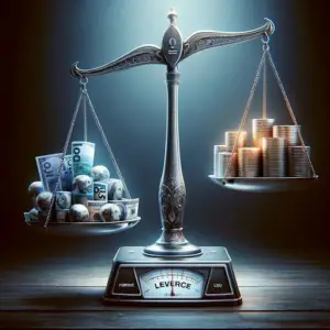 Bitunix A decorative balance scale, symbolizing margin trading, features banknotes and rolled bills on one side and stacked gold coins on the other. The scale reads LEVERCE at its base and rests on a wooden surface under dramatic lighting.