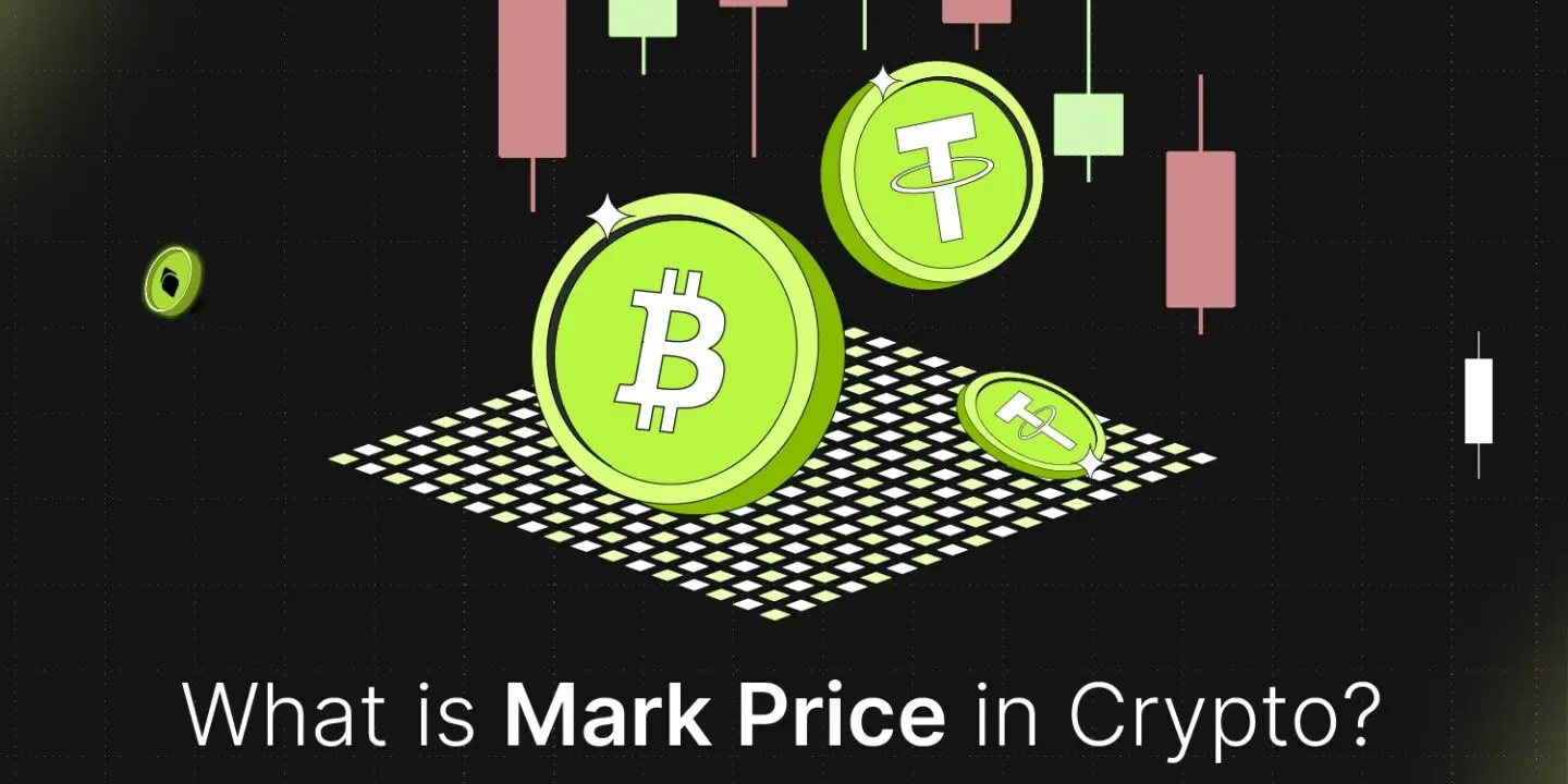 Bitunix A graphic with floating crypto coins and candlestick charts, asking What is Mark Price vs Market Price in Crypto? and What it means? on a dark grid background with green and pink accents.
