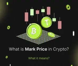 Bitunix A graphic with floating crypto coins and candlestick charts, asking What is Mark Price vs Market Price in Crypto? and What it means? on a dark grid background with green and pink accents.
