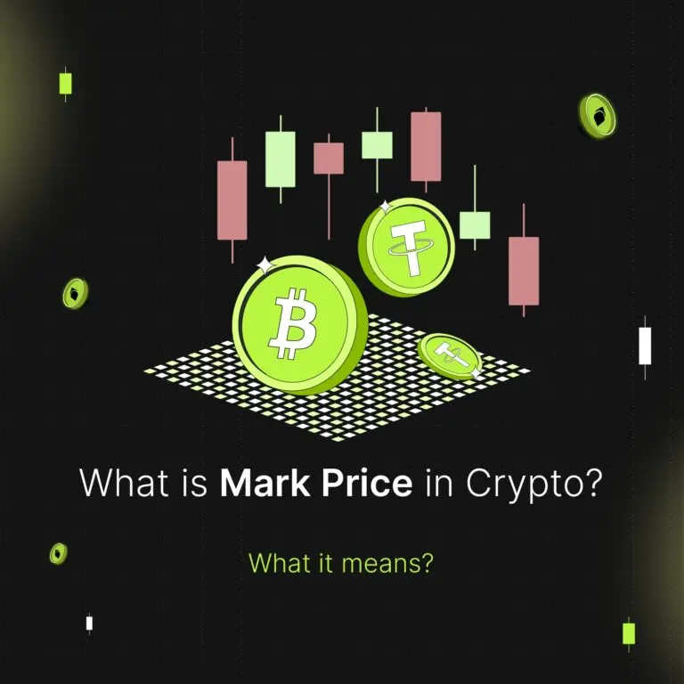 Bitunix A graphic with floating crypto coins and candlestick charts, asking What is Mark Price vs Market Price in Crypto? and What it means? on a dark grid background with green and pink accents.