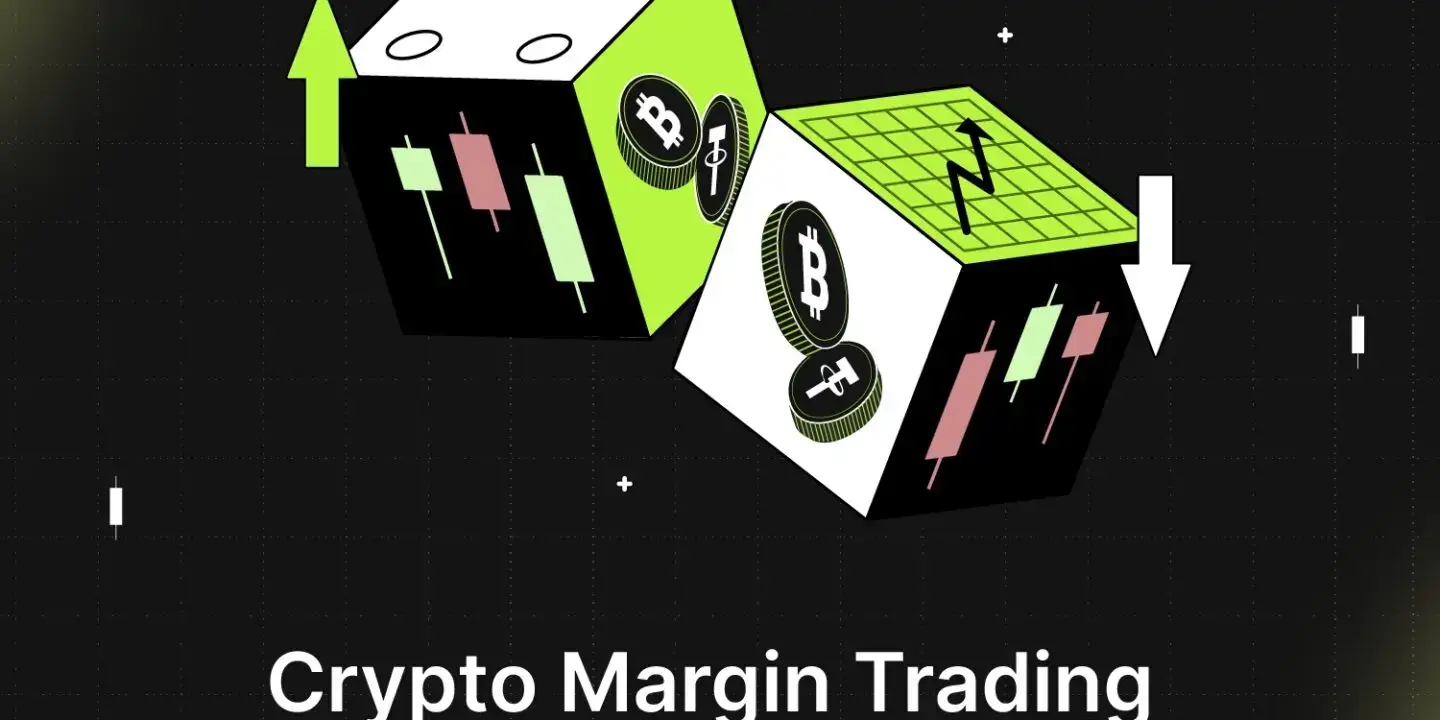Bitunix Two stylized dice with margin trading crypto symbols, candlestick charts, and arrows, set against a dark grid background. Text reads Crypto Margin Trading Ultimate Guide with neon green and white accents.